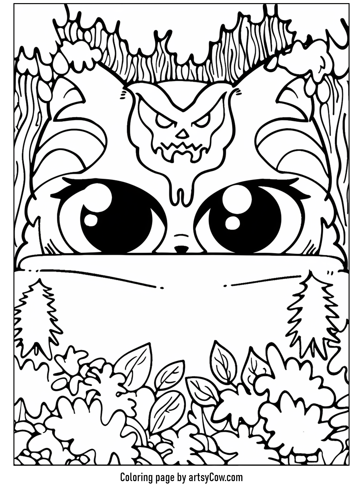 A monster with big eyes peering out from a dark, spooky forest